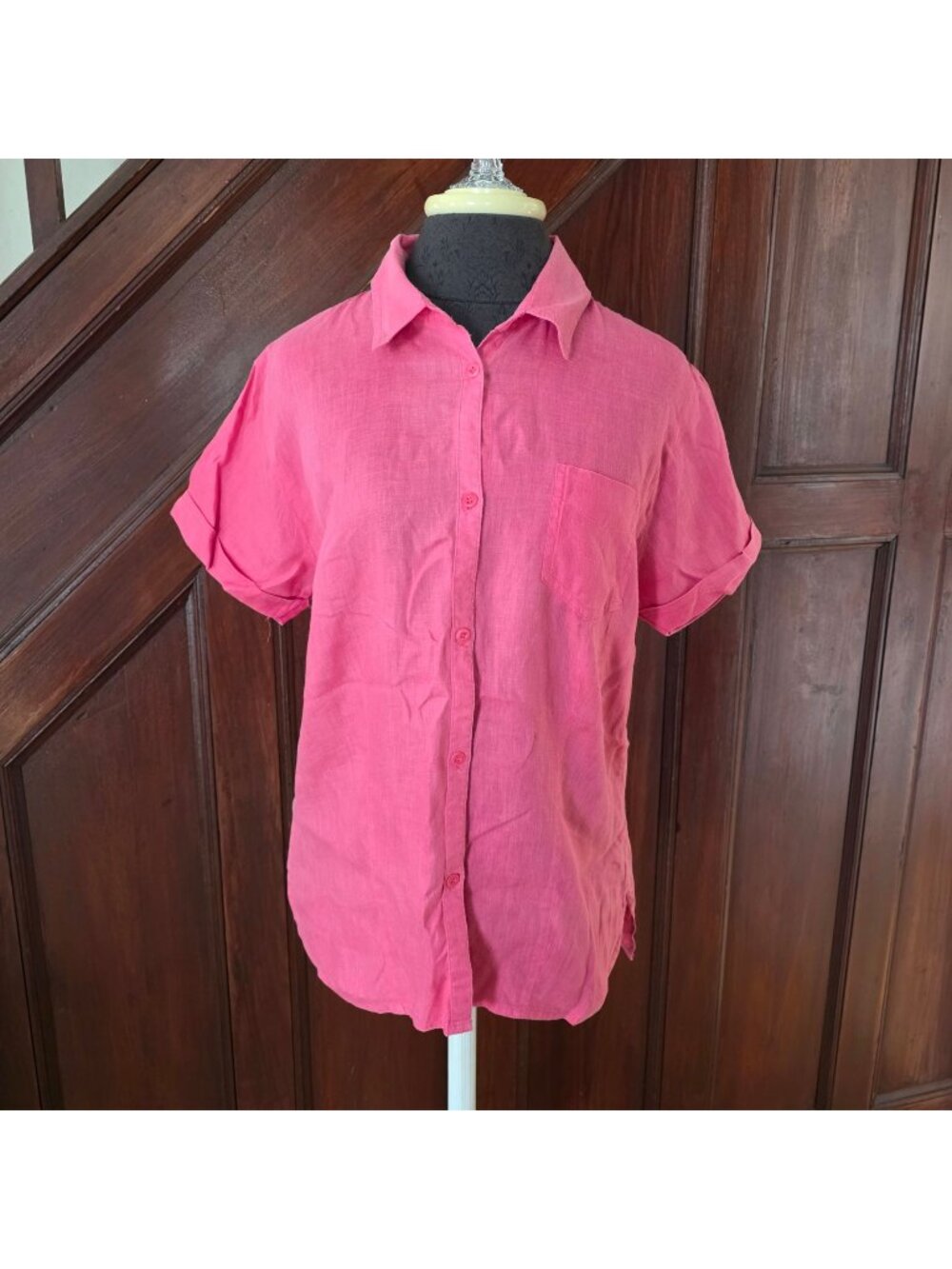 Valerie Stevens Pure Linen Pink Button-Up Shirt Petite Large Short Sleeve